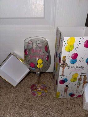 ISO!! Lilly Pulitzer Happy Birthday Hand-Painted Balloon Wine Glass - Multicolor